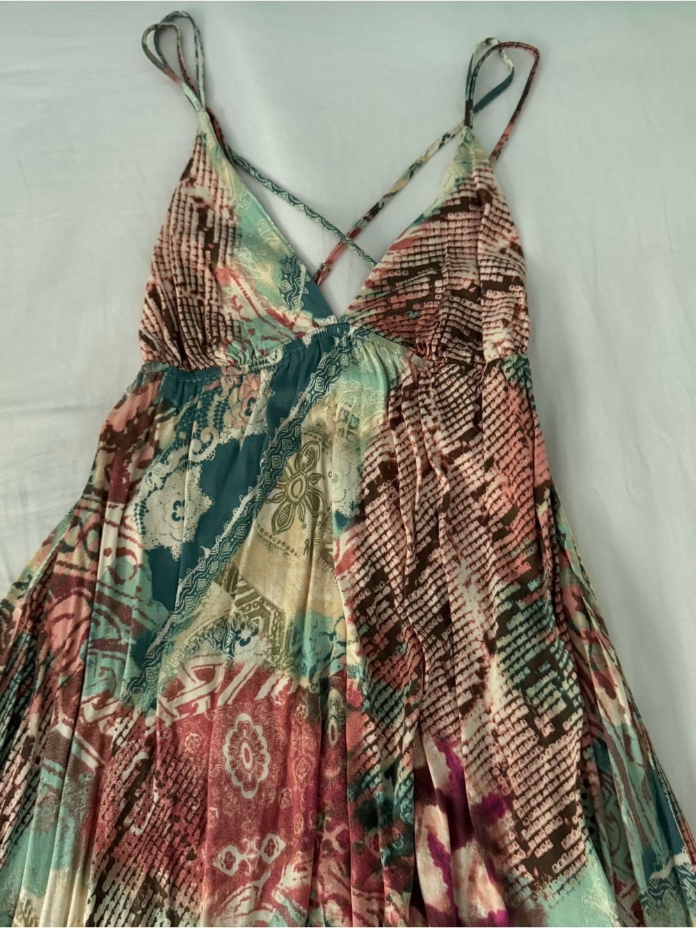 Boho Paisley Print Strappy Maxi Dress - Teal, Pink, Brown